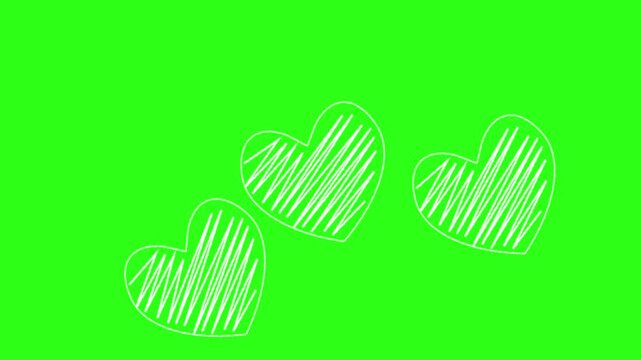 Three white hand-drawn scribbled hearts appearing on a green screen. Perfect for romantic vlogs, weddings, and cute animations