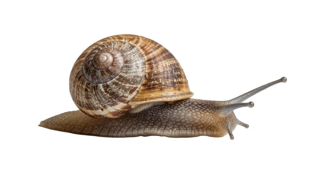 Brown garden snail with spiral shell, isolated on transparent background