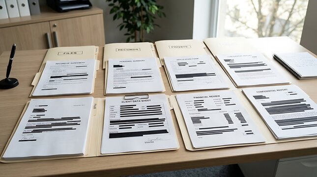 Manilla folders with redacted documents arranged on an office desk