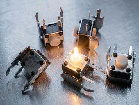 Illuminated Electronic Component Surrounded by Other Tactile Switches on Metal Surface