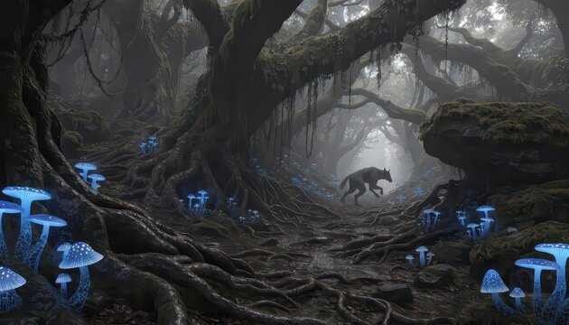 Dense spooky forest with twisting roots and glowing blue mushrooms featuring a stalking wolf