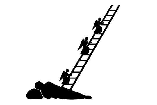Jacobs Ladder Dream, Jacob Sleeping on Stone with Angels Ascending to Heaven, Genesis 28 Old Testament Biblical Vector Silhouette