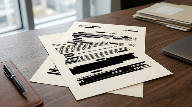 Redacted legal agreement documents on a wooden desk with pen