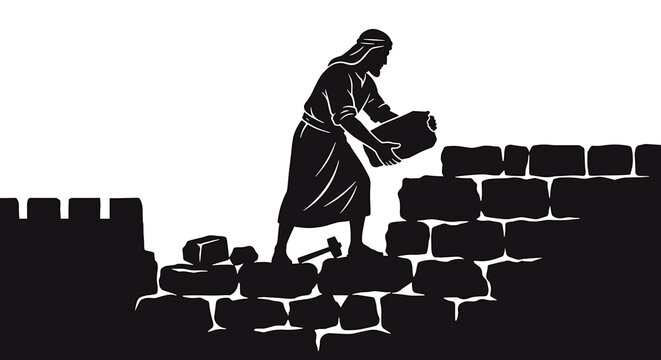 Nehemiah Rebuilding Jerusalem Wall, Stone Mason Building Broken City Ramparts, Book of Nehemiah Old Testament Biblical Vector Silhouette
