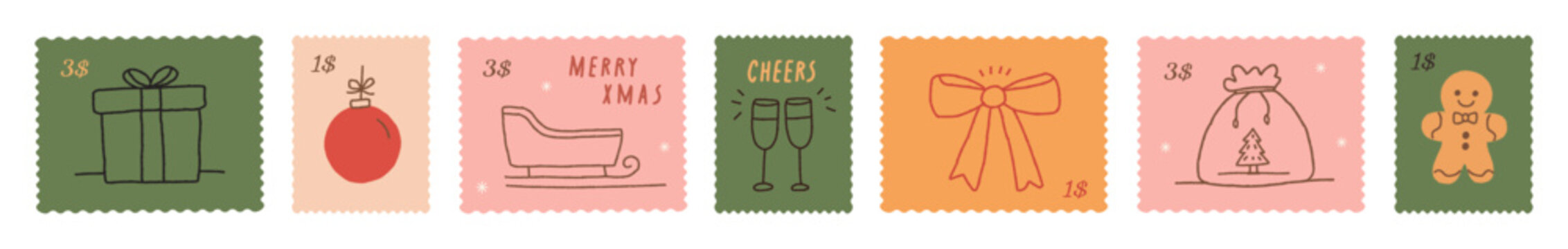 Hand-drawn winter vacation postage stamps 