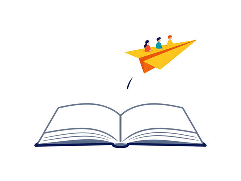 Students flying on a paper airplane from an open book representing education journey start up and knowledge concept vector illustration