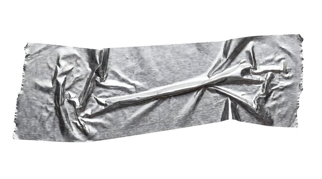 A textured strip of silver duct tape isolated on a white background showing wrinkles and adhesive residue for industrial or household repair projects
