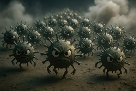 Aggressive cartoon virus characters marching forward in hostile swarm representing viral infection attack