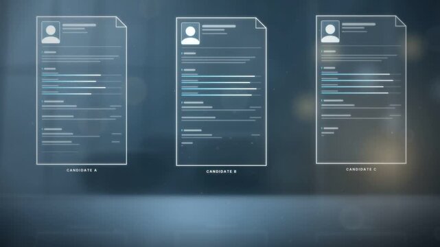 Three candidate resumes compared side by side with ranking scores and selected highlight