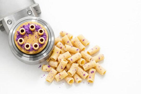 Industrial pasta extruder die molding yellowish macaroni dough with purple inclusions next to extruded tubes