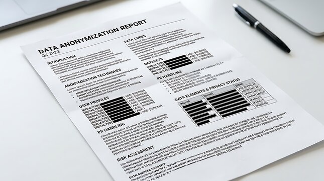 Data anonymization report document with redacted text blocks