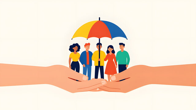 Giant hands holding diverse people under a colorful umbrella representing life insurance family protection and care concept flat vector illustration
