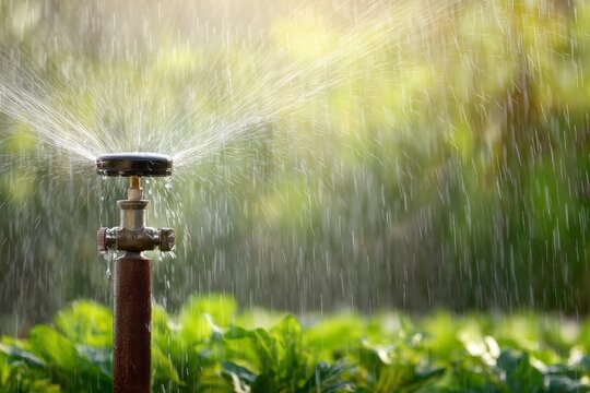 Automated garden sprinkler system watering lush green vegetable plants during a bright sunny day, providing efficient irrigation for agriculture and domestic backyard farming in high summer season.