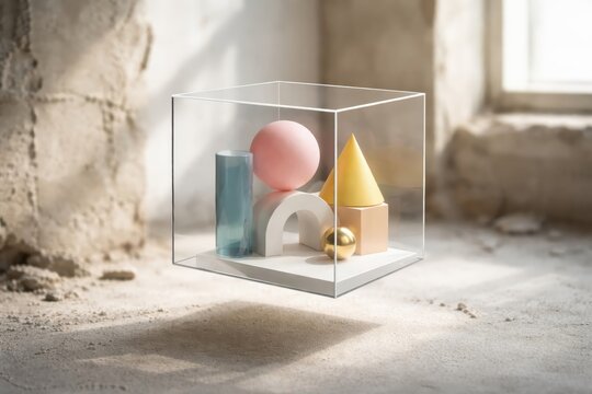 Transparent acrylic display box levitating in abandoned industrial interior containing arranged geometric shapes and solid objects