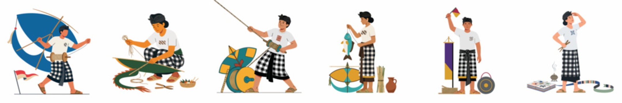 Set of vector illustrations featuring Balinese people in traditional clothing performing cultural activities, kite flying, fishing, and playing music on a white background.