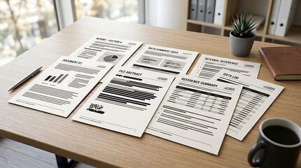 Obraz premium Documents with charts and data tables arranged on a wooden office desk