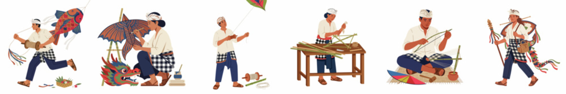 Set of illustrations depicting a Balinese man in traditional attire crafting and flying an elaborate fish kite, from construction to flight.