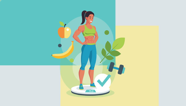 Proud fitness woman standing on a scale surrounded by healthy food icons like apples, bananas, and a dumbbell.