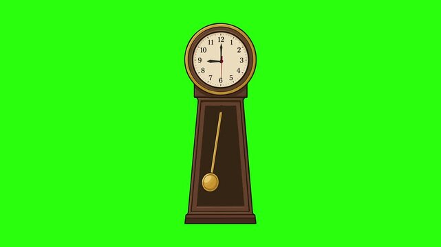 Classic clock animation with a swinging pendulum on a green screen. Ideal for time passing, history, and vintage concepts