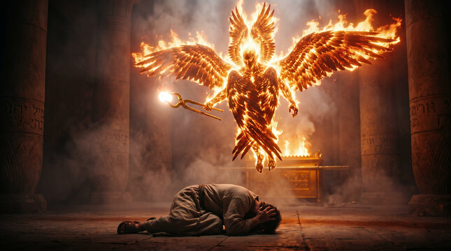 Isaiah 6, A towering Seraph using golden tongs to take a burning coal from the heavenly altar to touch Isaiah's lips.