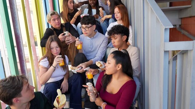 Large multi ethnic group of happy high school students sitting on the stairs of a building, eating sandwiches, drinking juice, and socializing together during a sunny school lunch break
