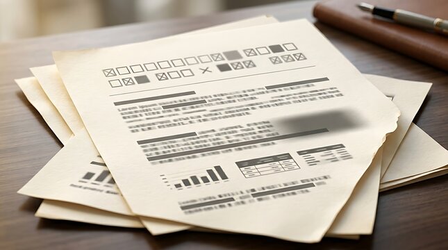 Stack of confidential documents with redacted text and charts on a desk