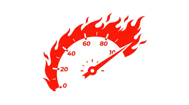 Red flaming speedometer icon, fast car dashboard gauge with fire, high speed performance meter for racing and automotive design