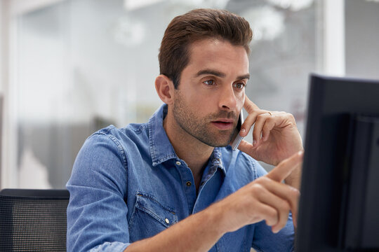 Computer, business and man with phone call for event planning, contact and booking vendor. Office, coordinator and person on tech for schedule, venue reservation and communication for client project