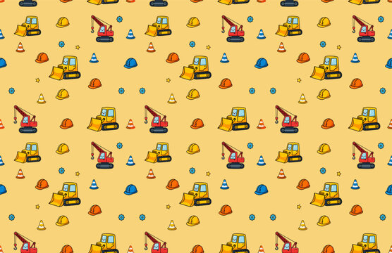 Cute Cartoon Construction Seamless Pattern Kids Vector Background Yellow Excavator Heavy Machinery Nursery Fabric