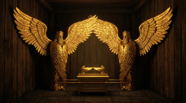 The terrifying, massive golden Cherubim inside the pitch-black Holy of Holies of Solomon&rsquo;s newly built Temple.