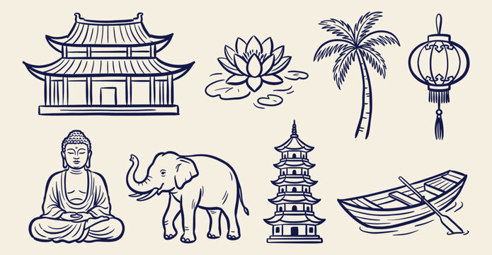 Asian culture and travel elements temple pagoda buddha elephant lotus and boat line art doodle on beige background