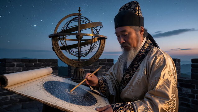 Ancient Chinese astronomer studying a star map with an armillary sphere. An elderly scholar mapping constellations under a night sky.