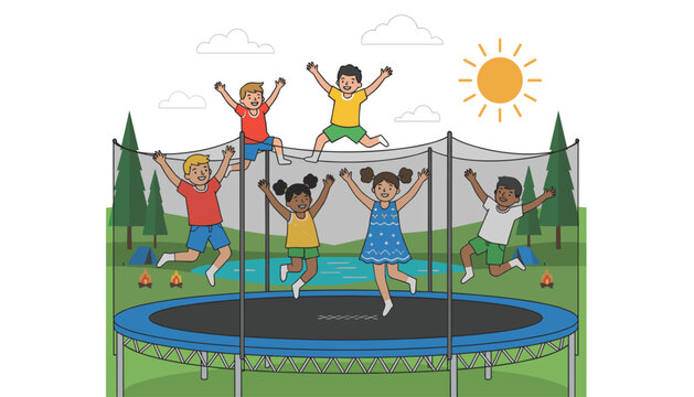 Group of happy diverse children jumping and having fun on a large outdoor recreational trampoline in a backyard park.