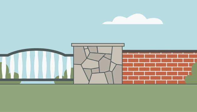Architectural fence design showcase featuring iron railing, textured stone pillar, and a classic red brick wall.