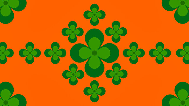 Bold decorative pattern featuring stylized green four leaf clovers arranged on a vibrant orange background, suitable for banners, backgrounds, textiles, and graphic design.