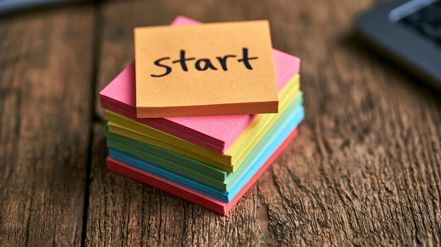 A stack of colorful sticky notes with the word start written on top sits on a wooden desk. Great concept for new business projects and productivity.