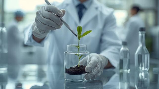 Botanical Research: A scientist in a laboratory meticulously examines a young plant specimen growing in a clear container, symbolizing advancements in plant science and cultivation.