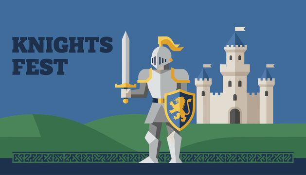 Brave medieval knight in silver armor holding a sword and lion shield in front of a grand white castle.
