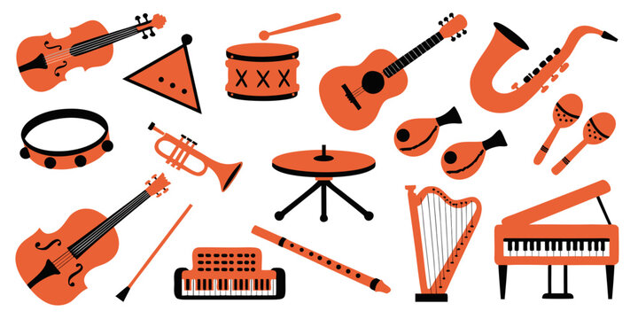 Collection of orange and red musical instruments in a flat vector style