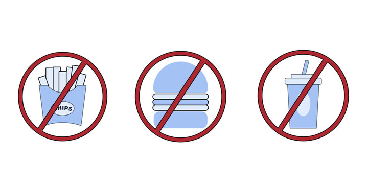 No fast food allowed warning sign set with chips burger and soda vector illustration