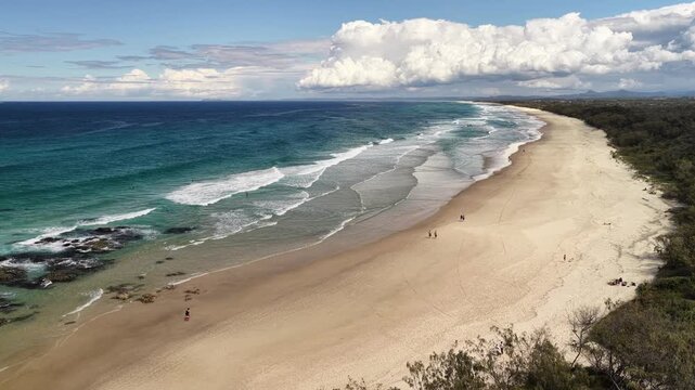 Hastings Point aerial view of the long beach and campground headland, NSW Australia