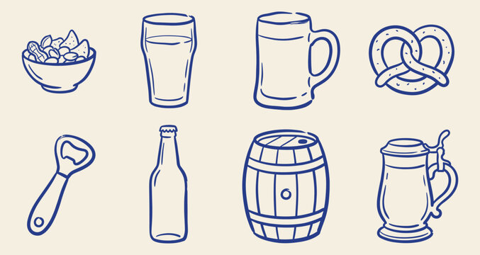 Beer brewery set with mug pint glass bottle wooden barrel pretzel and snacks line art doodle on beige background