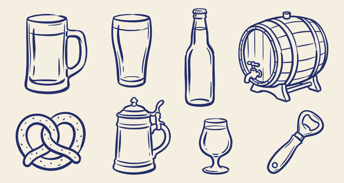 Beer brewery accessories beer mug bottle barrel pretzel and opener line art doodle icon set on beige background