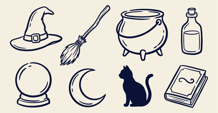 Set of hand drawn outline magic icons including witch hat, broom, cauldron, crystal ball, and spellbook