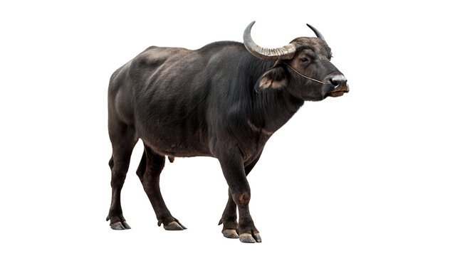 Wild dark water buffalo standing in side profile view isolated on transparent background