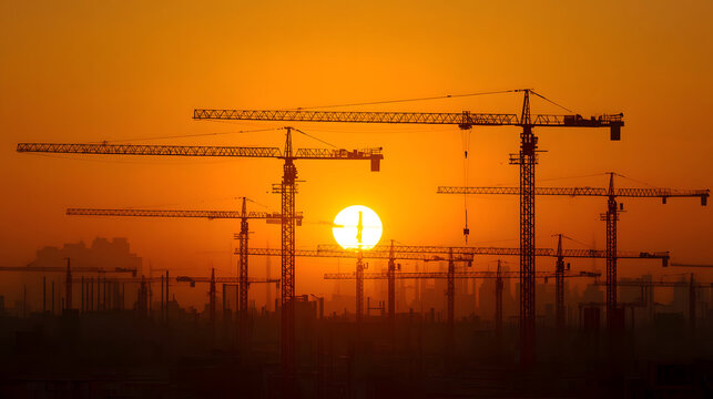Construction Cranes at Sunrise: Towering construction cranes stand silhouetted against a vibrant sunrise, symbolizing progress and the dawn of a new era of development, industrial might.
