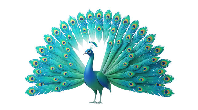 Vibrant peacock with spread tail feathers, majestic blue bird on white background, elegant peacock plumage display for design