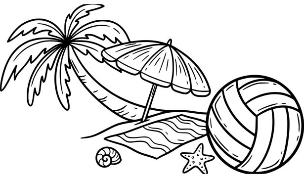 Playful beach vacation line art with palm tree umbrella beach ball towel seashell and starfish