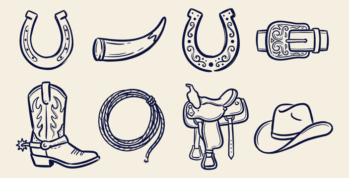 Blue line art western and cowboy vector set illustration with boots, hat, and horseshoe