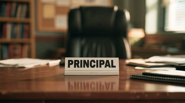 A principal desk nameplate sits on a wooden office table with an executive chair and bookshelf in the background. Ideal for education management and school administration concepts.